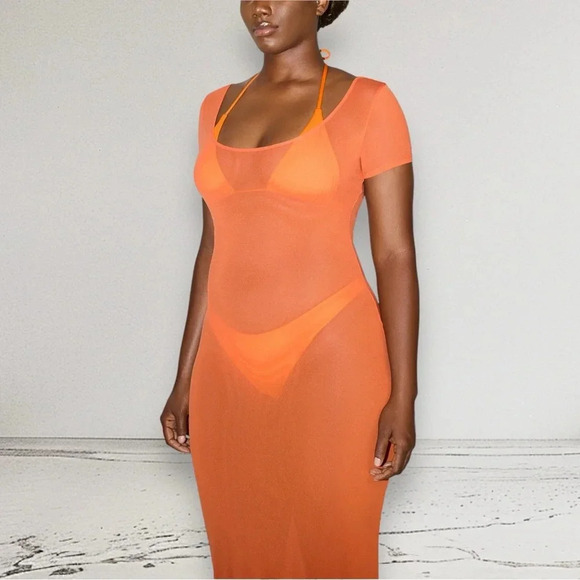 RARE NWT KHY BY KYLIE JENNER Mesh Scoop Neck Maxi Dress Orange Size S - Picture 7 of 10